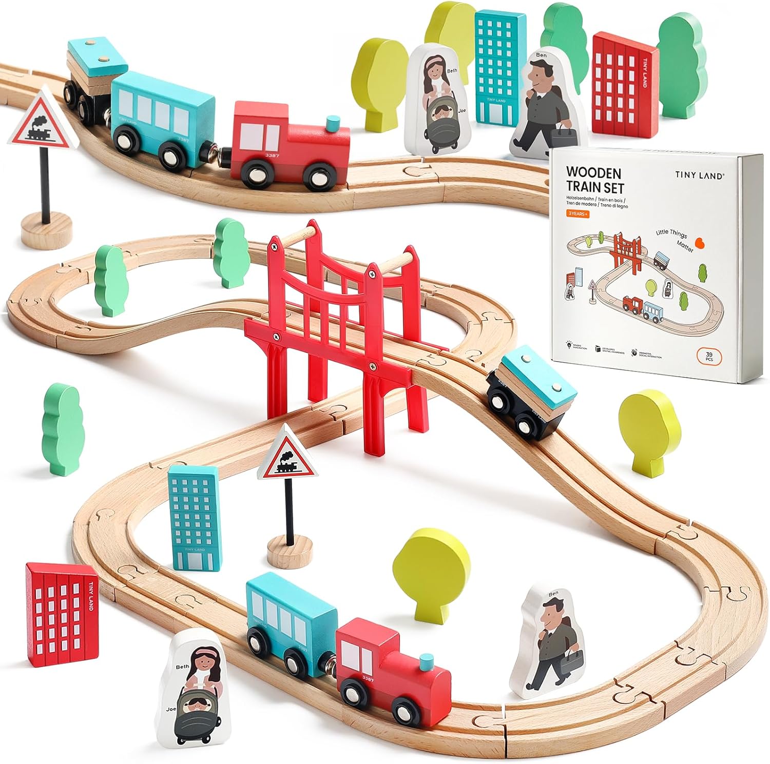 Tiny Land Wooden Train Set for Toddler - 39 Pcs- w...