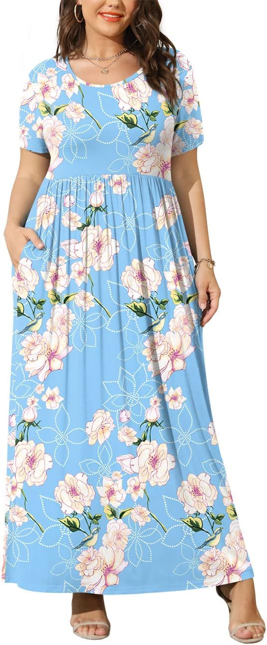 BISHUIGE Women Summer Casual XL-6X Plus Size Maxi Long Dresse with Pockets Flora...