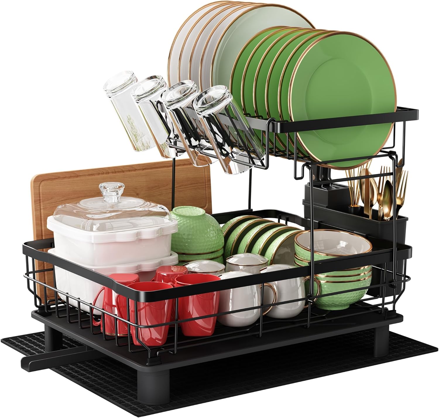 Dish Drainer Rack, 2 Tier Stainless Steel Dish Drying Rack with Drip Tray and Dr...