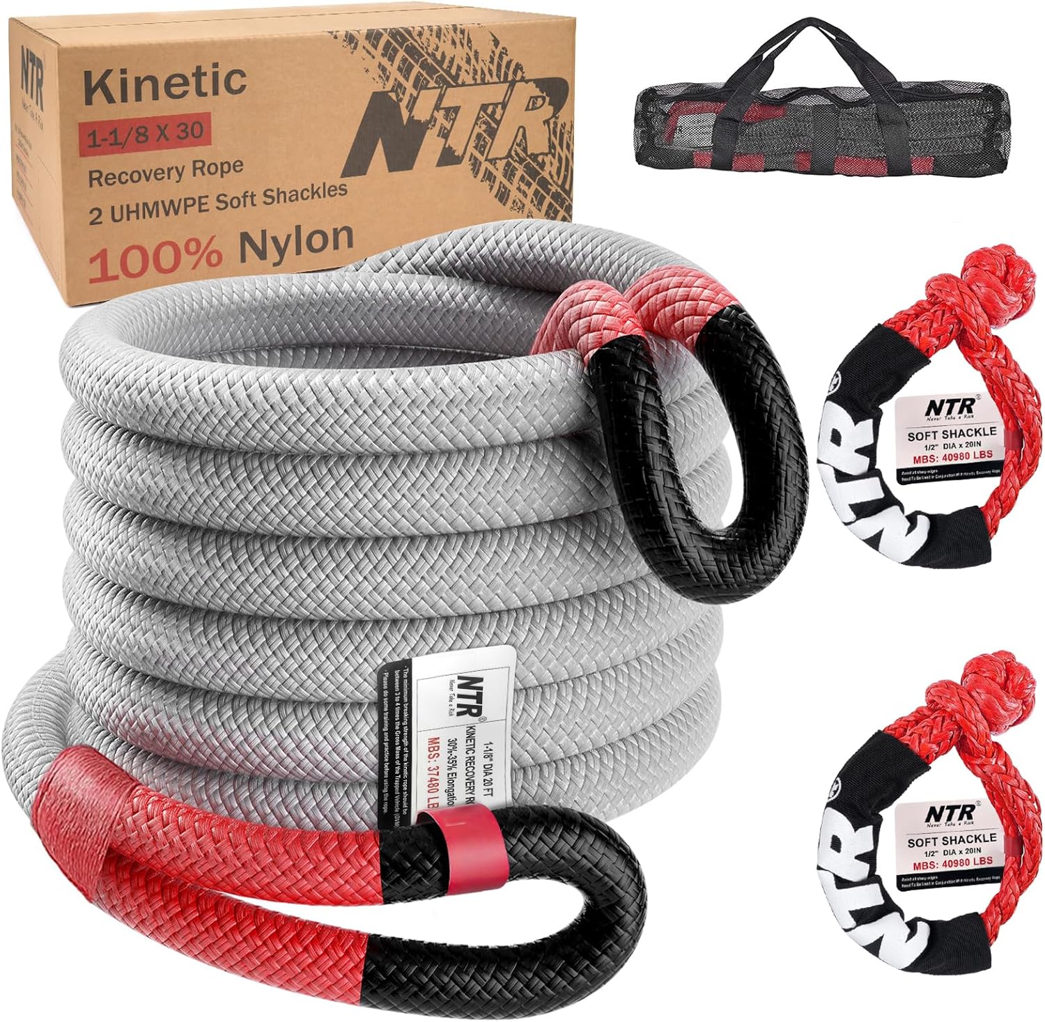 NTR 1-1/8" x 30' Kinetic Recovery Tow Rope (37,480lbs), with 2 UHMWPE Soft Shack...
