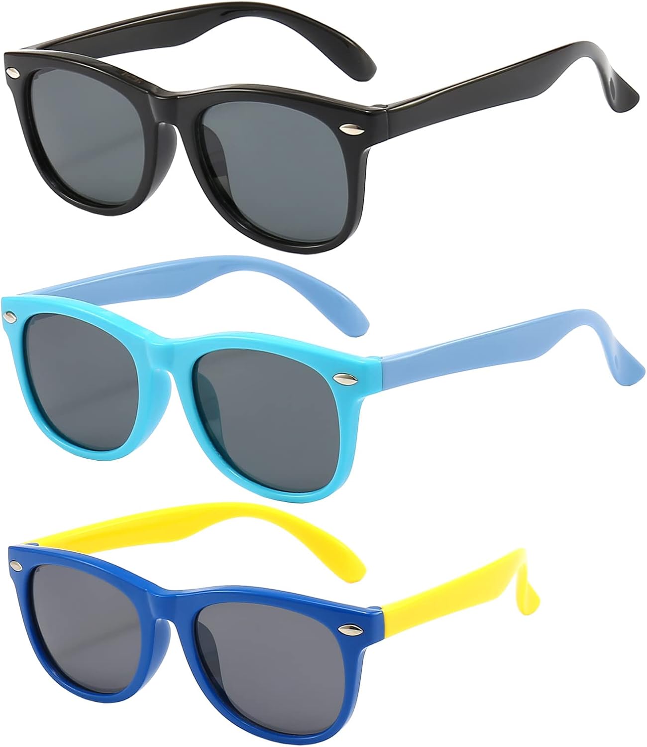 3 Pack kids sunglasses for Boys Girls Kids Polarized Sunglasses Black+blue+light...