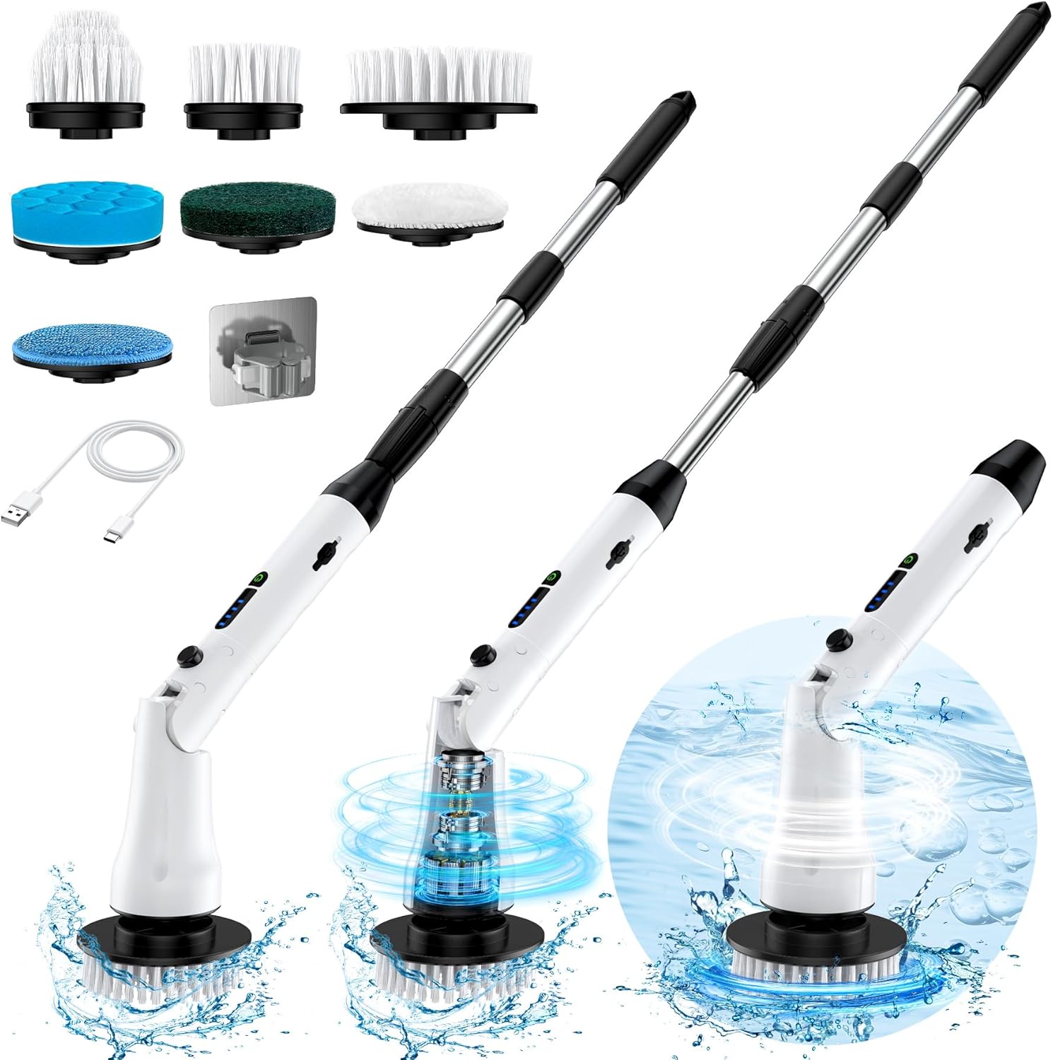 Electric Spin Scrubber with Long Handle, IPX7 Waterproof Cordless Electric Clean...