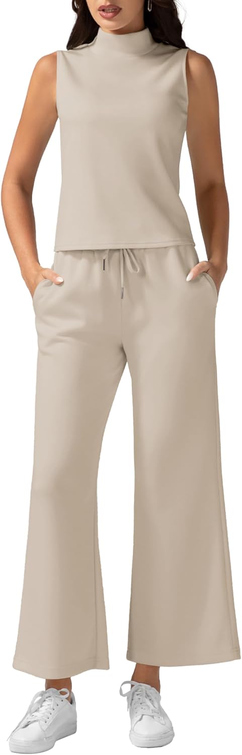 Women's Summer 2 Piece Outfits Mock Neck Tank Top Cropped Wide Leg Pants Lounge...