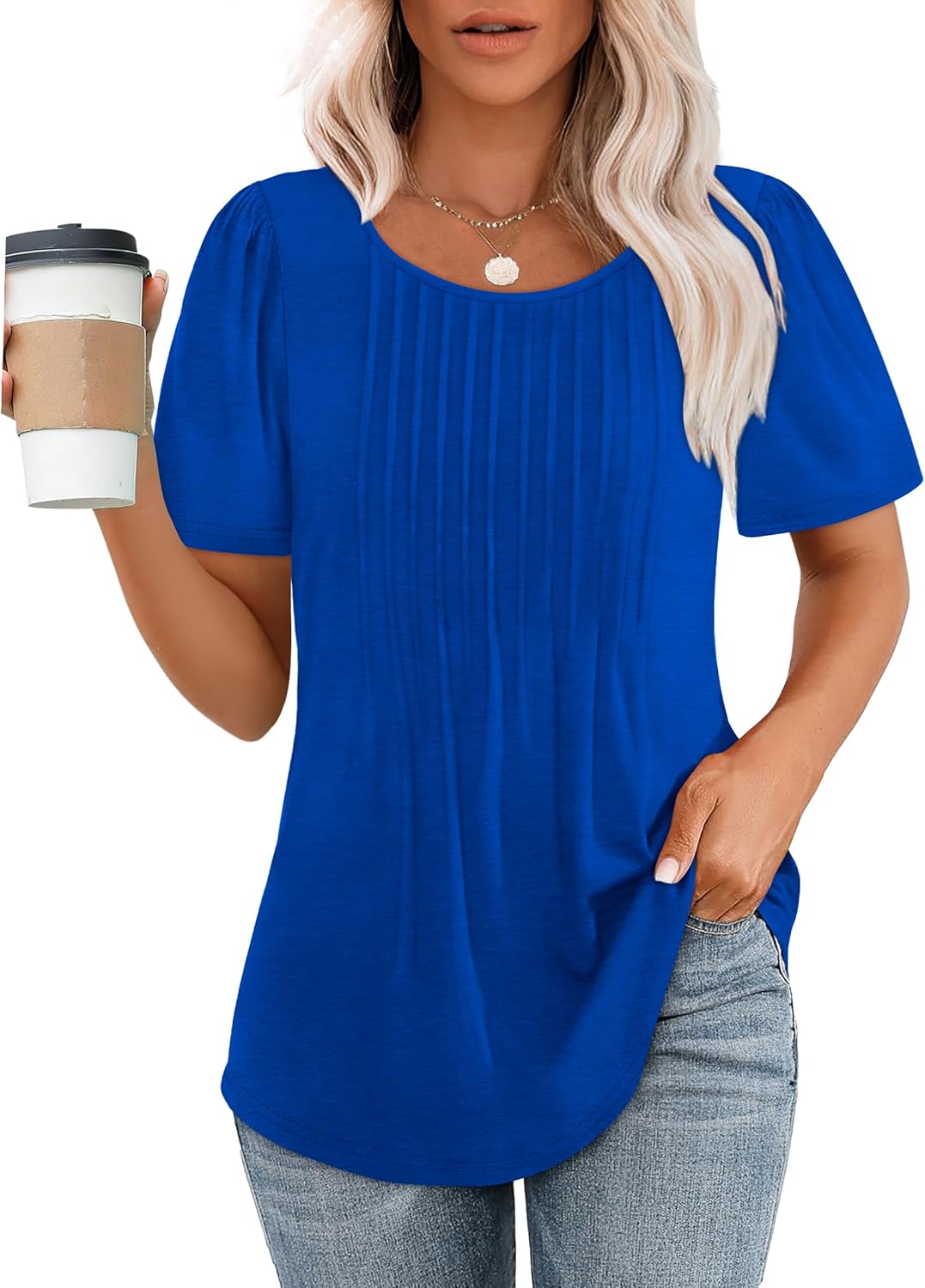 OFEEFAN Womens T Shirts Short Sleeve Pleated Dressy Casual Scooped Neck Summer T...