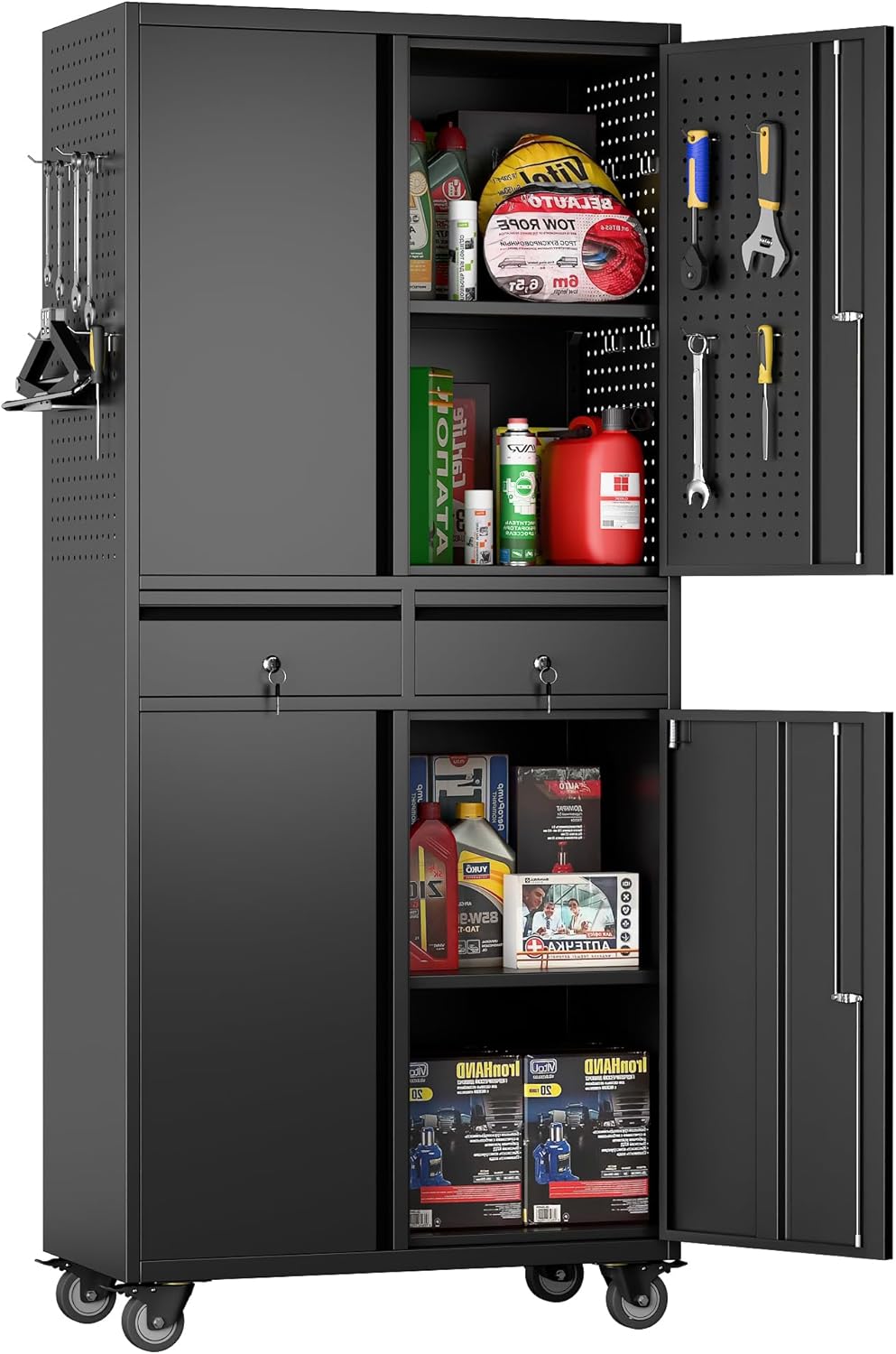 71" Metal Garage Storage Cabinet with 8 Hooks and Pegboards,2 Drawer Rolling Too...