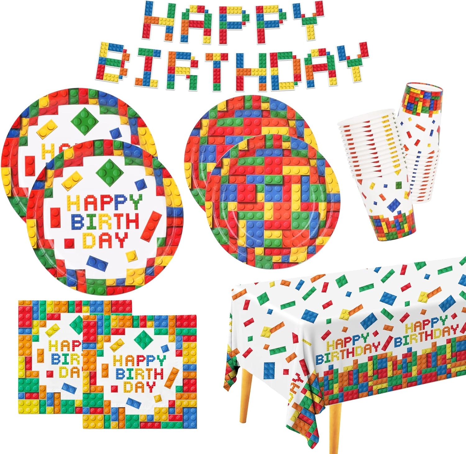 Building Block Party Supplies Paper Plates Napkins Cups Tablecloth Banner for Co...