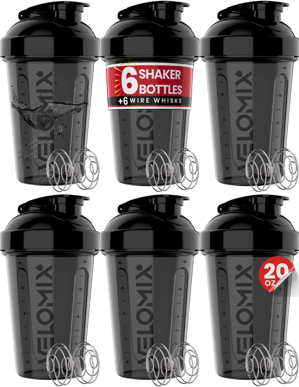 -6 PACK- Shaker Cups for Protein Shakes 20 oz - 6x Wire Whisk | Leak Proof Prote...