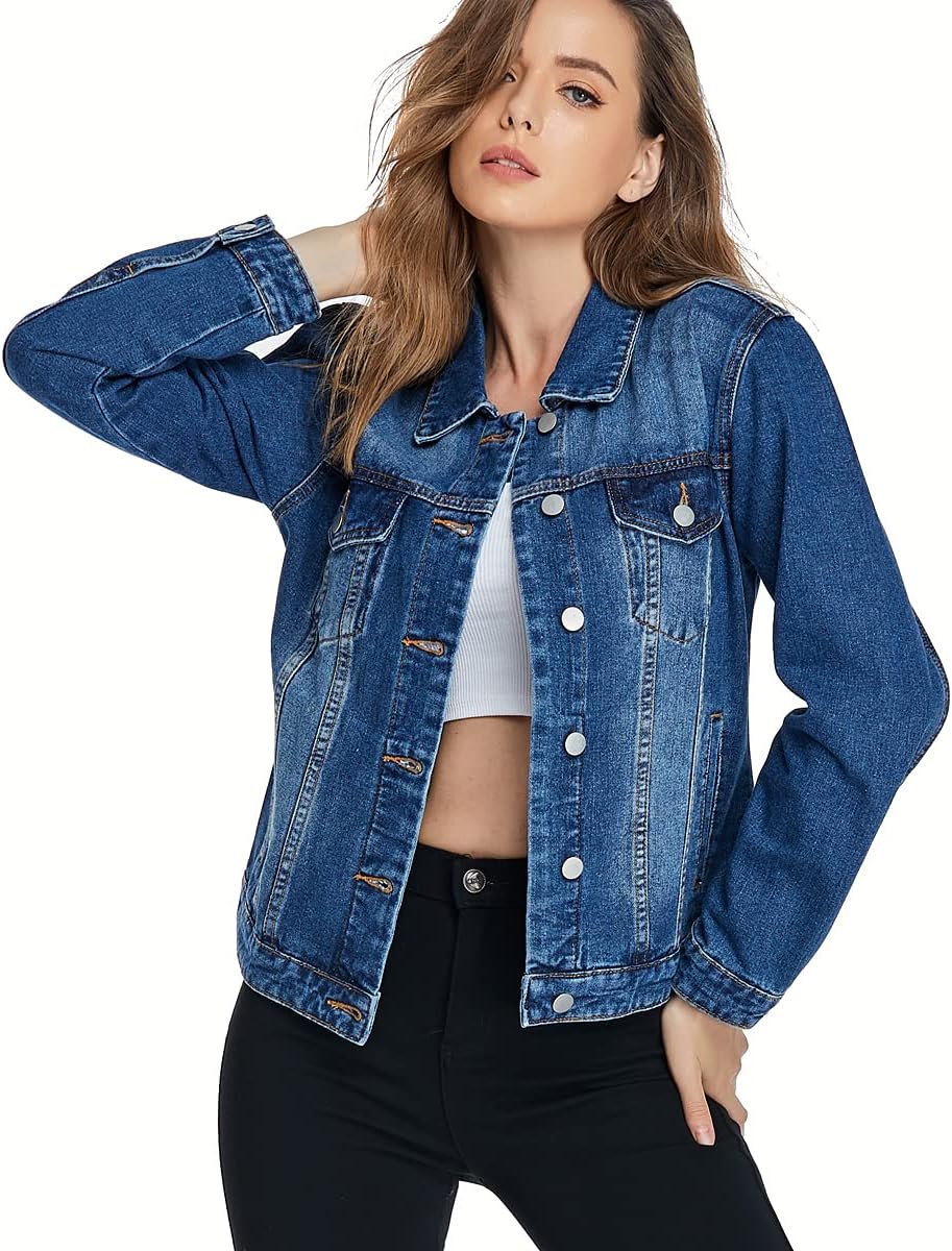 PEIQI Classic Jean Jackets for Women Basic Long Sleeve Button Downs Ripped Denim...