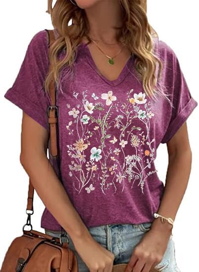 Women's Floral T-Shirts V-Neck Dandelion Sun Flower Graphic Casual Tee Boho Tops...