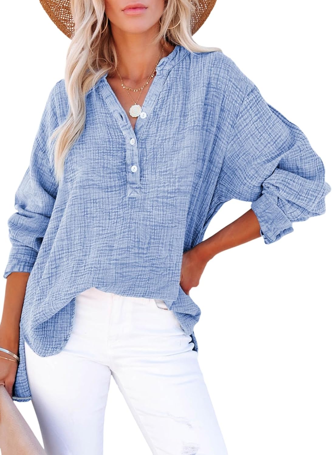 Dokotoo Womens Casual Button V Neck Long Sleeve Shirts Oversized Solid Blouses T...