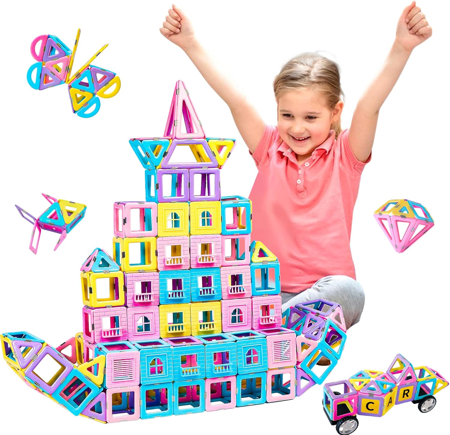 MAGBLOCK Magnetic Tiles with 2 Cars-156Pcs Magnet Toys Set for 3+ Year Old Boys...