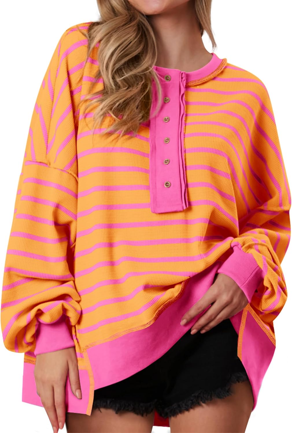 PRETTYGARDEN Womens Fall 2024 Striped Oversized Sweatshirt Long Sleeve Button Up...