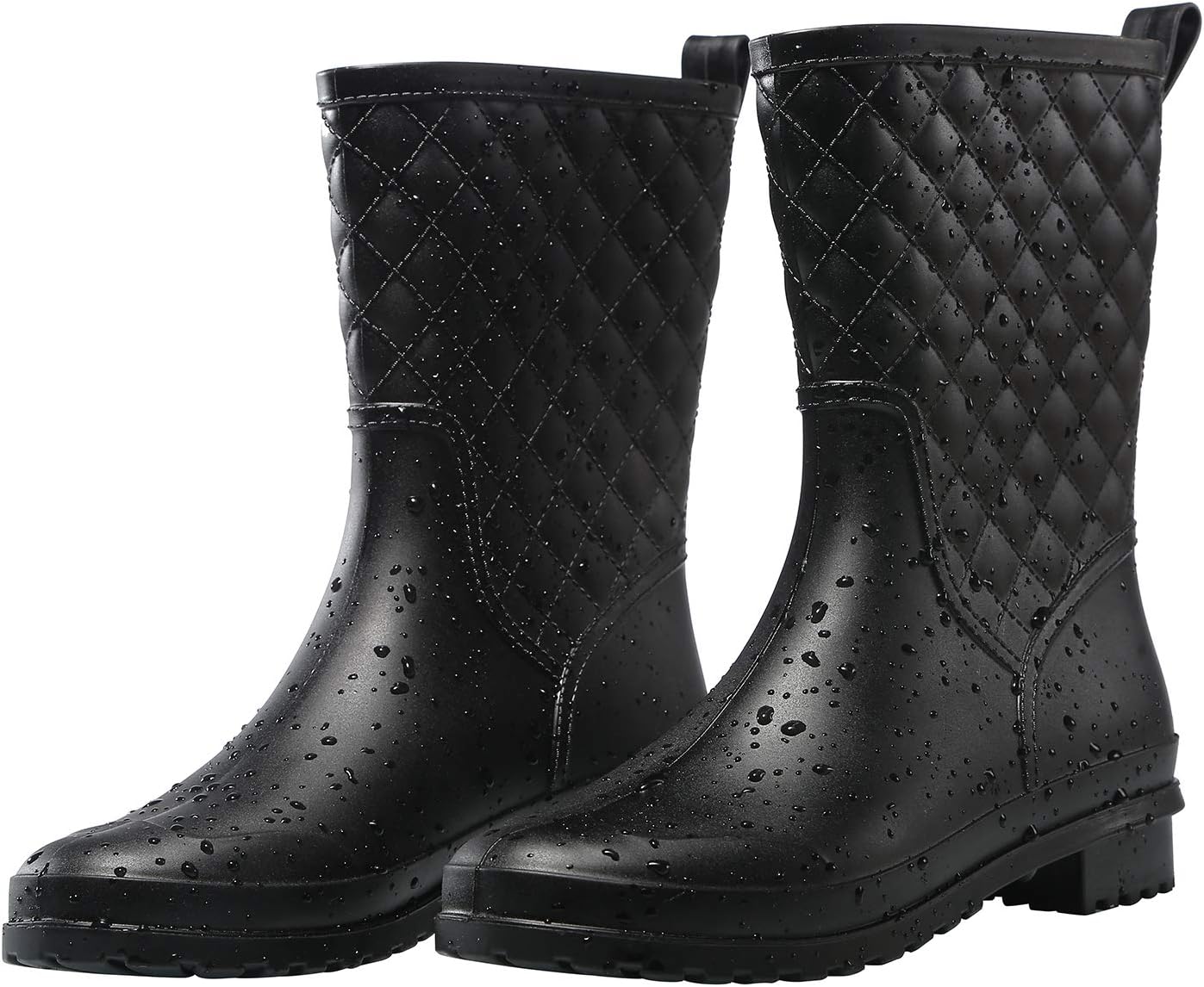 Petrass Women Rain Boots Black Waterproof Mid Calf Lightweight Cute Booties Fash...