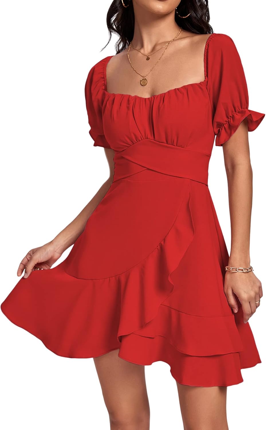LYANER Women's Square Neck Ruffle Wrap Mini Dress Off Shoulder Flounce Short Sle...