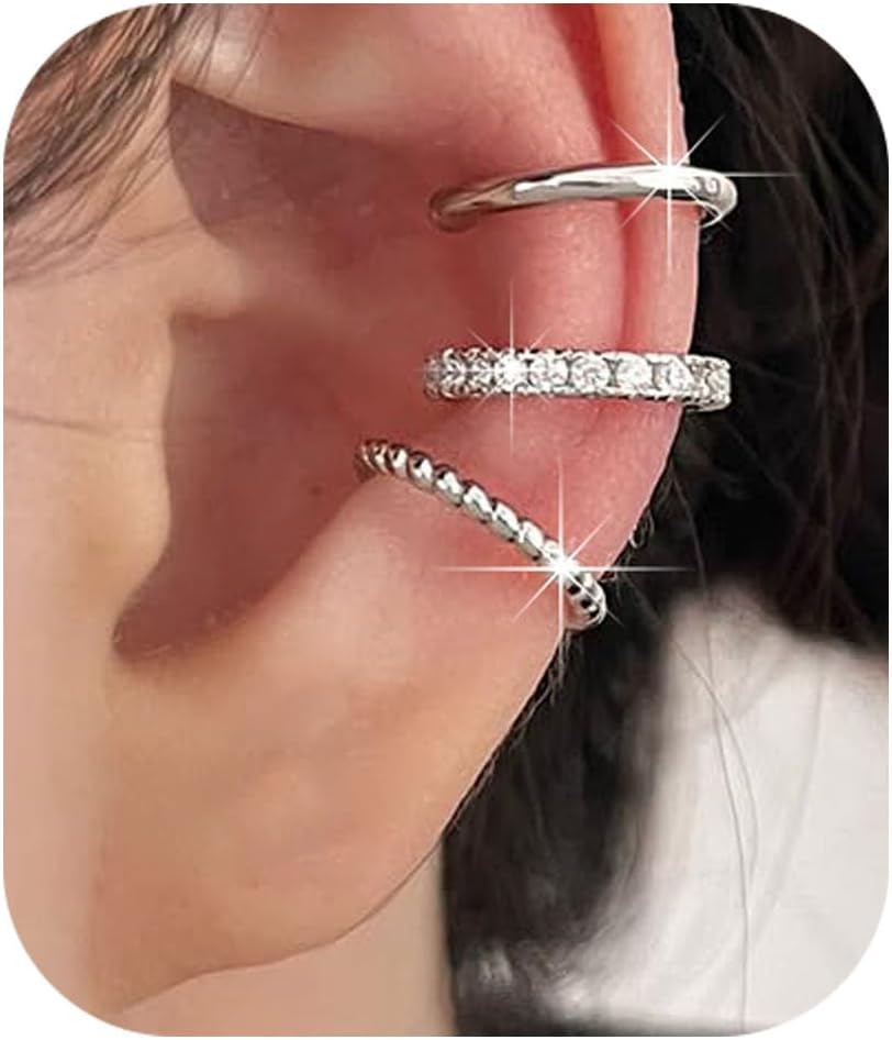 PANSHI 𝐄𝐚𝐫 𝐂𝐮𝐟𝐟 Silver Hoop 𝐂𝐮𝐟𝐟𝐬 𝐄𝐚𝐫𝐫𝐢𝐧𝐠𝐬 for Women Teen Trendy 𝐍𝐨𝐧 𝐏𝐢𝐞𝐫𝐜𝐢𝐧𝐠 Hy...