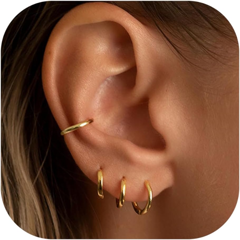 Small Gold Hoop Huggie Earrings Set for Women Non Tarnish 14K Gold Plated Lightw...