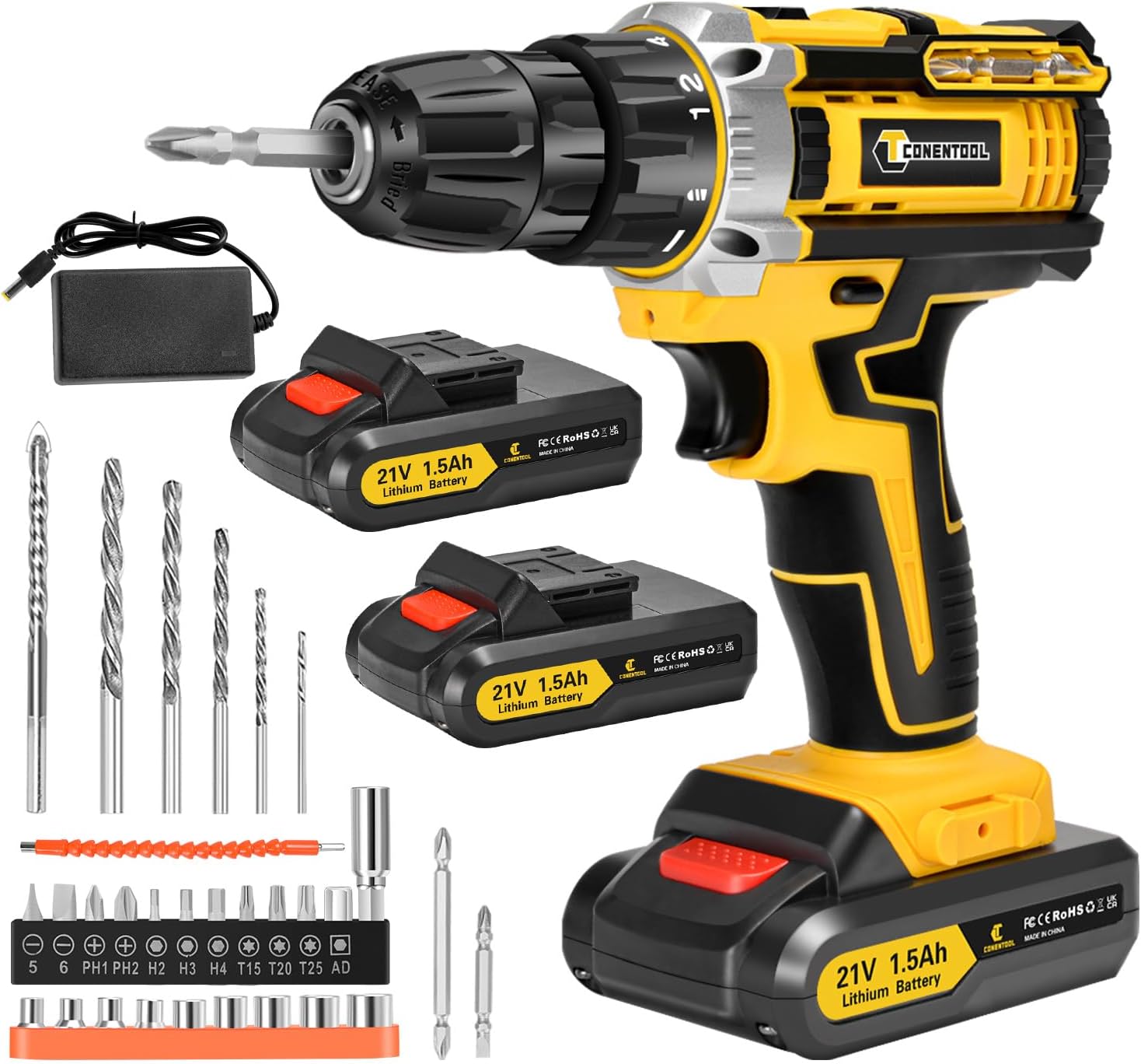 Conentool 21V Cordless Drill Driver Set, Electric Screwdriver with 2X 1500mAh Ba...