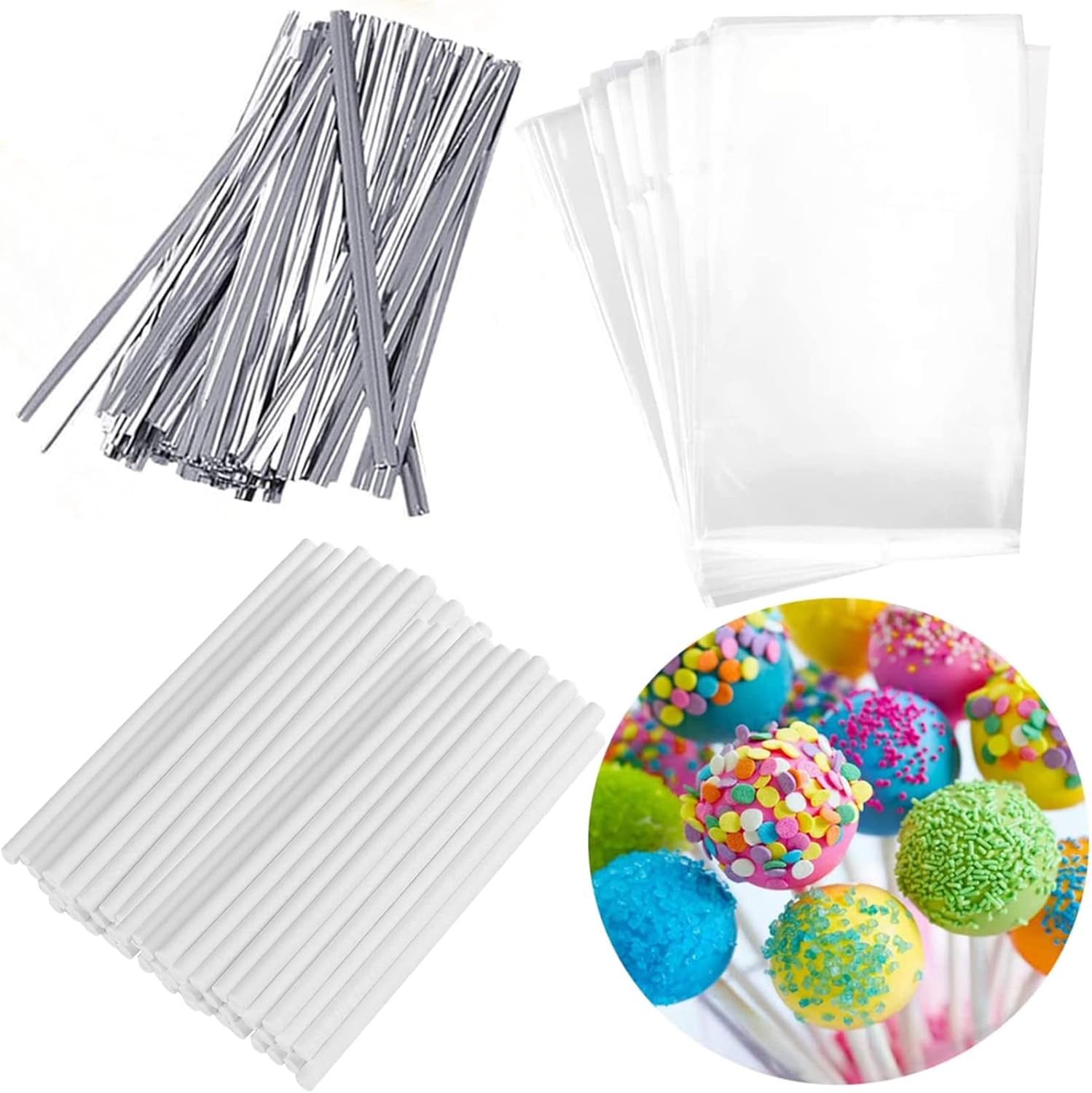 Silver Lollipop Cake Pop Treat Bag Set Including 100pcs Parcel Bags, 100pcs Pape...