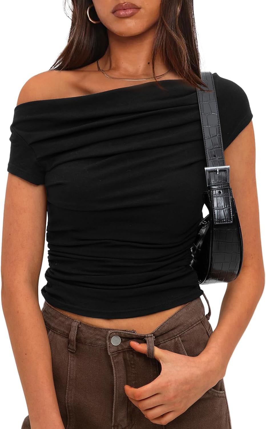 Darong Women's Summer Cap Sleeve Boat Neck Off Shoulder Top Going Out Slim Fit T...