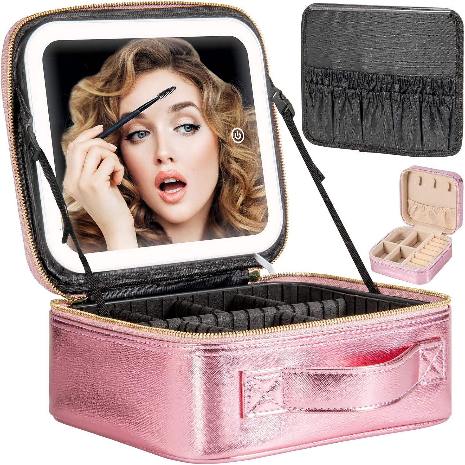 Makeup Travel Train Case with Mirror LED Light 3 Adjustable Brightness Cosmetic...