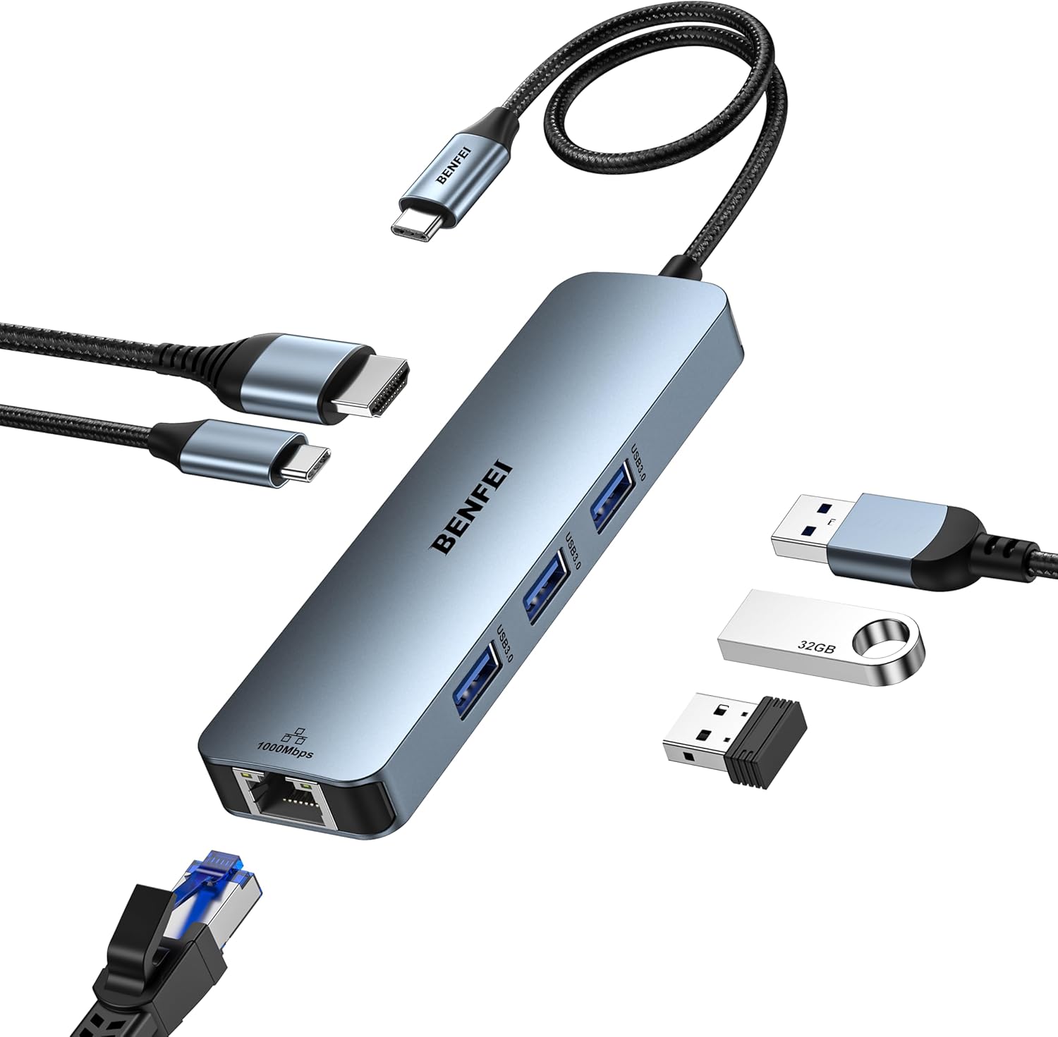 BENFEI USB C HUB 6-in-1 with HDMI(4K@60Hz), Gigabit Ethernet, 100W Power Deliver...