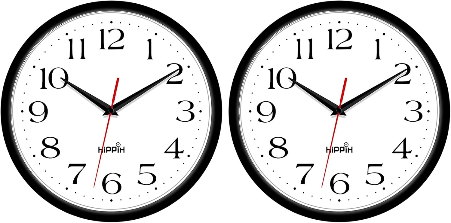 HIPPIH 2 Pack Silent Wall Clock, 10 Inch Non Ticking Quiet Digital Sweep Decorat...