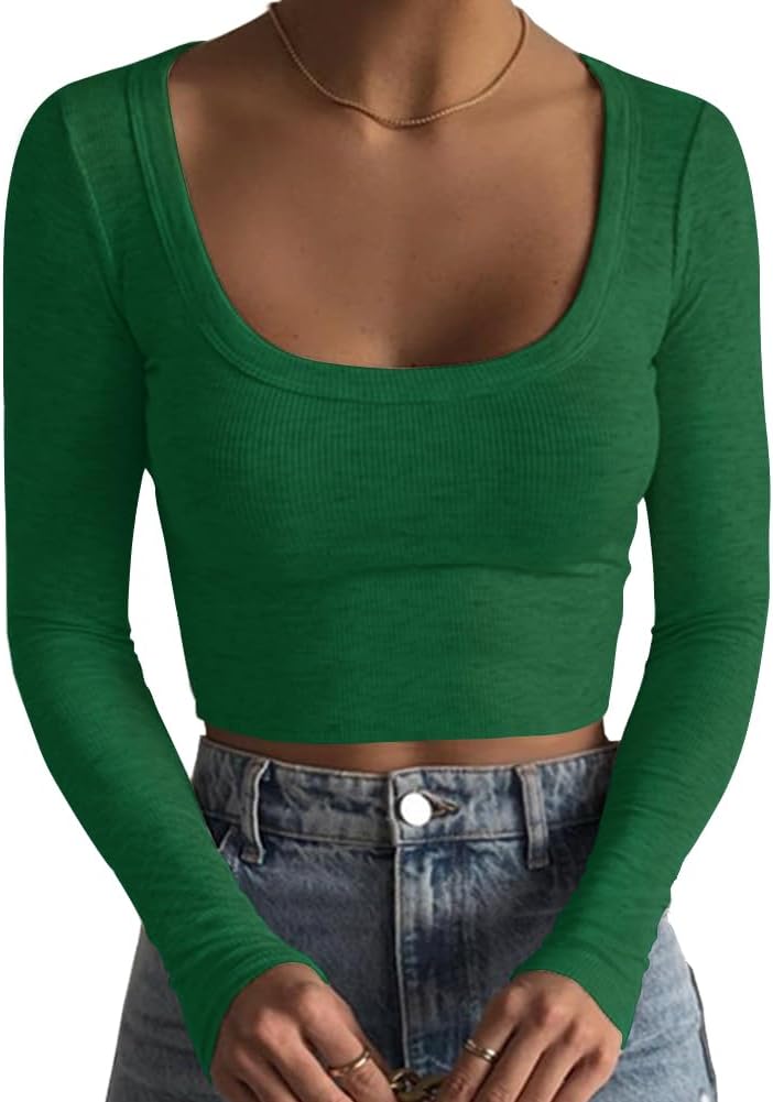 Artfish Women's Square Neck Long Sleeve Ribbed Slim Fitted Casual Basic Crop Top...