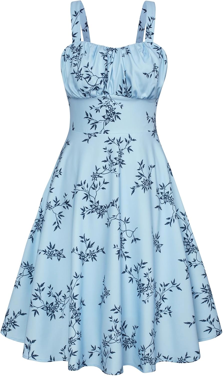 Belle Poque Women's Vintage Sleeveless Solid Floral Ruched Summer Cute A-Line Fl...