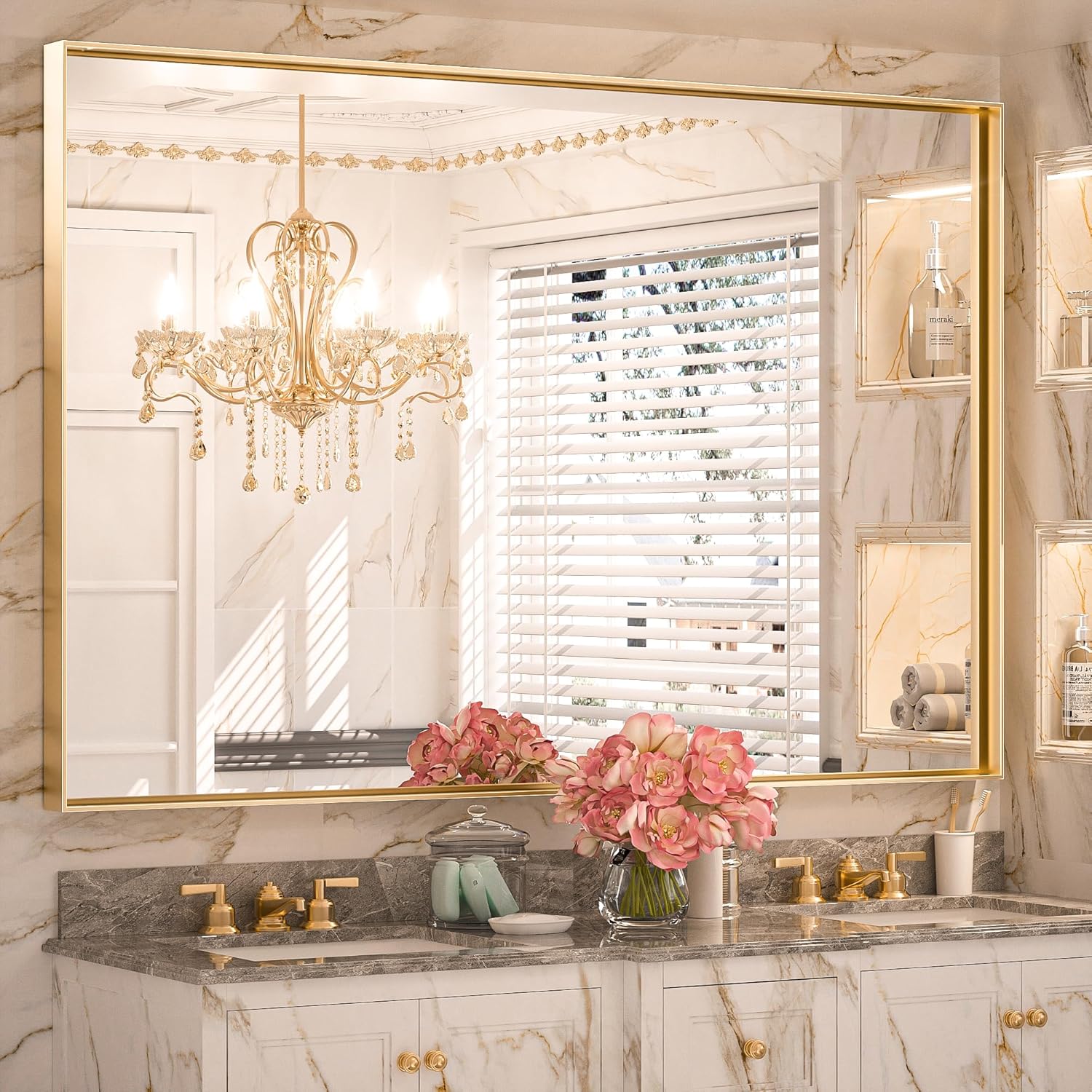 Keonjinn Gold Bathroom Mirror 60” x 40” Large Framed Mirrors for Wall Rectangula...