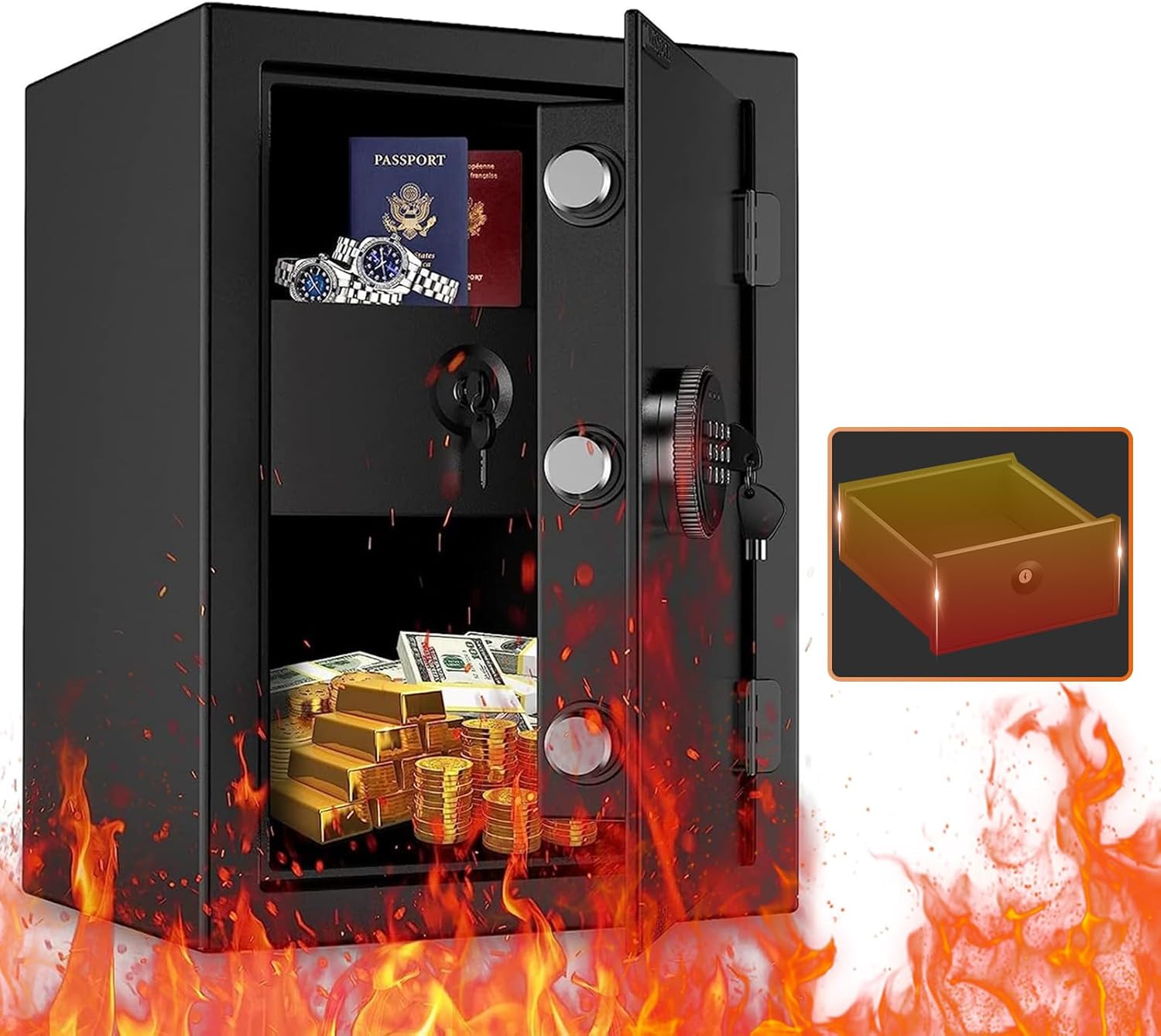WASJOYE Fireproof Safe box for Home, Large Tall Safe with Fireproof Drawer, Digi...