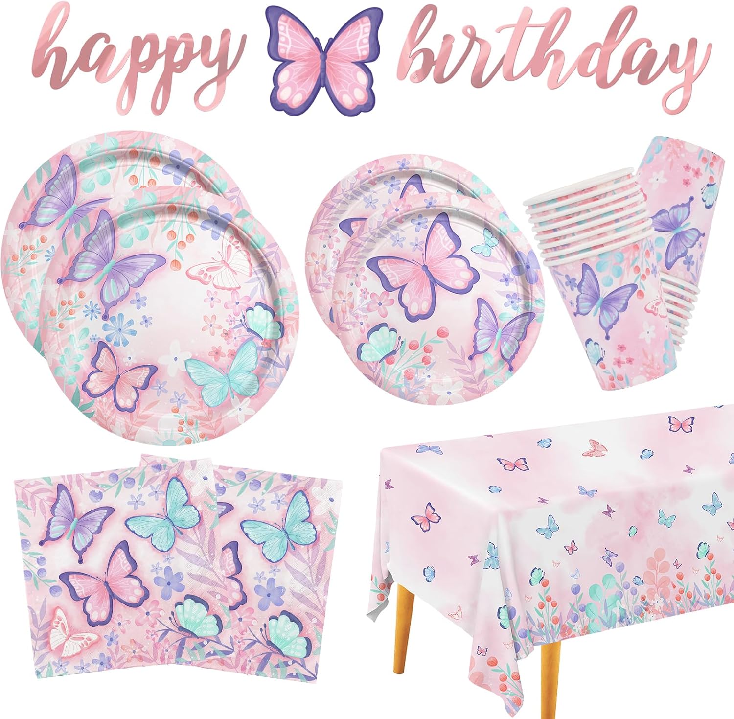 Butterfly Birthday Party Supplies Disposable Paper Plates Napkins Cups Tableclot...