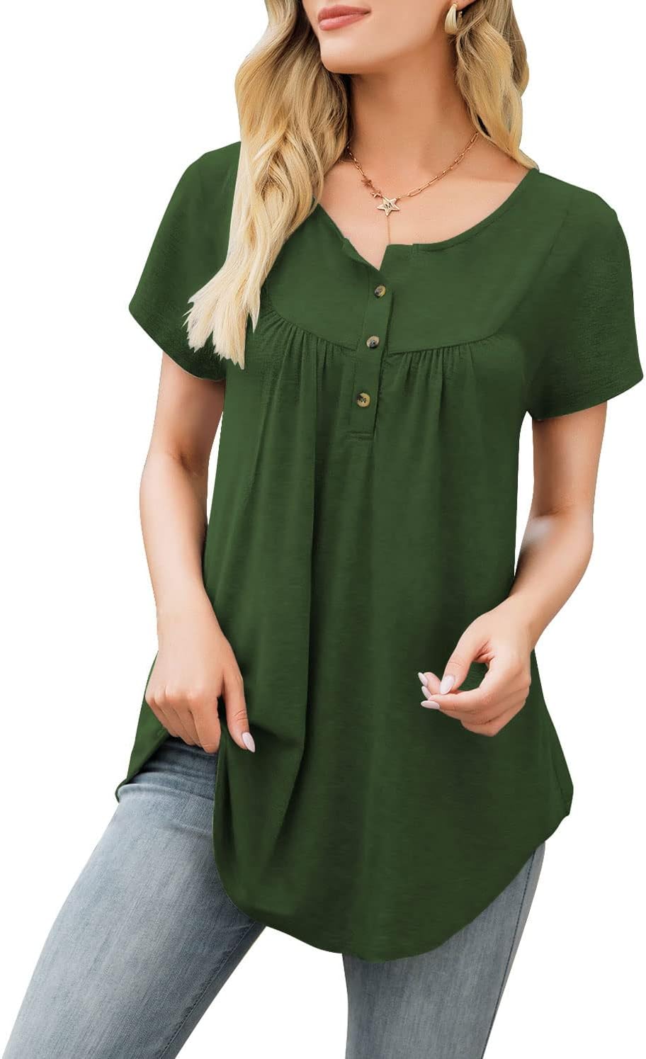 AMCLOS Womens Tie-Dye Tops V Neck Soft T-Shirts Flowy Pleats Tunic Button up Cas...