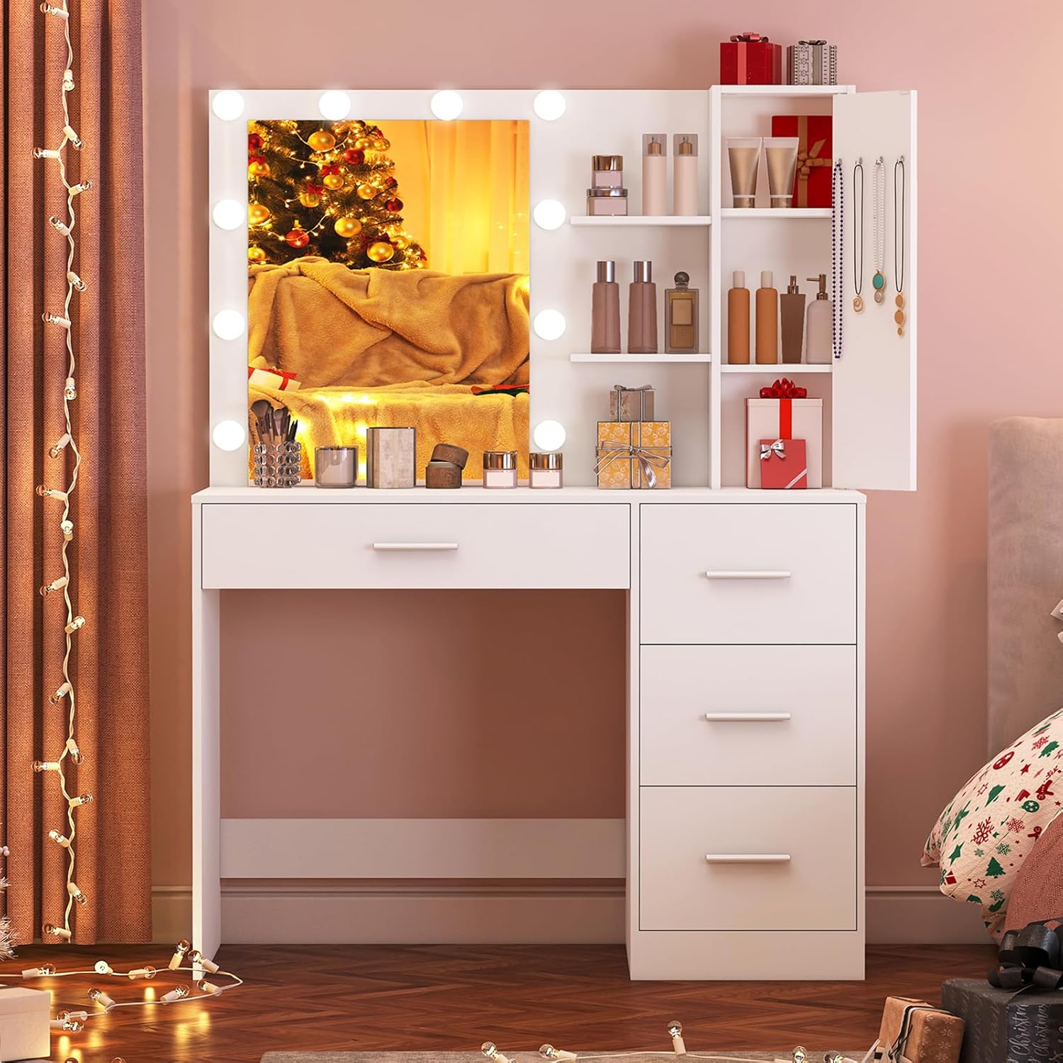 usikey Makeup Vanity with Lights, Vanity Desk with Mirror and 10 LED Lights, Van...