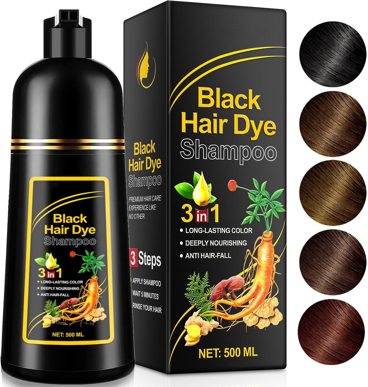 3-in-1 Herbal Hair Dye Shampoo, Natural Black Hair Color Solution for Women & Me...