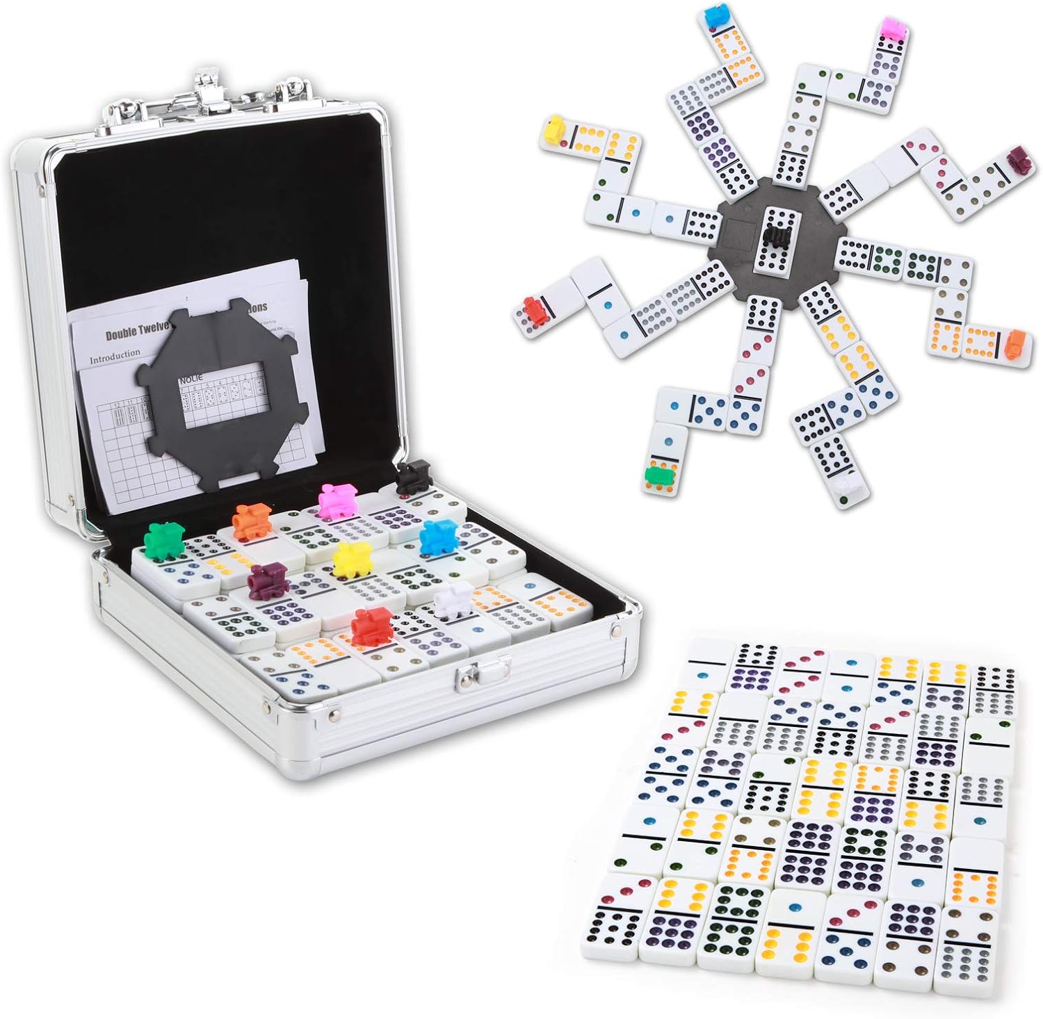 NOLIE Mexican Train Dominoes Game, Double 12 Dominoes Set, Dot Dominoes with Alu...