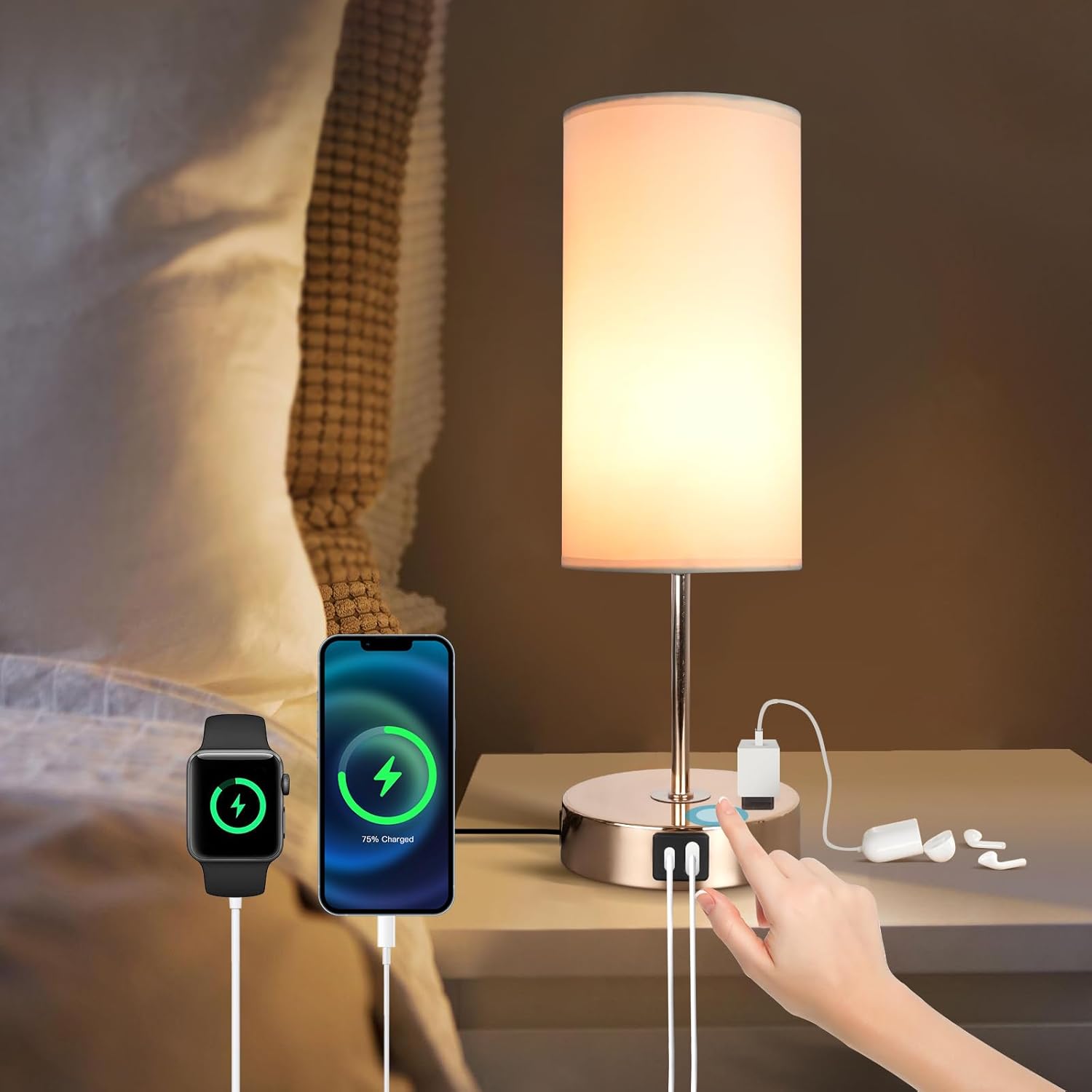 Gold Table Lamp with USB Port - Touch Lamp Desk Lamp, Bedside Lamps for Bedroom,...