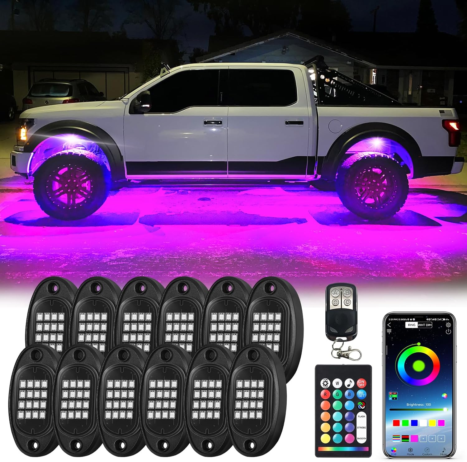 12Pods Segmented RGB LED Rock Lights Kit with APP/RF Remote Control, Upgraded Un...
