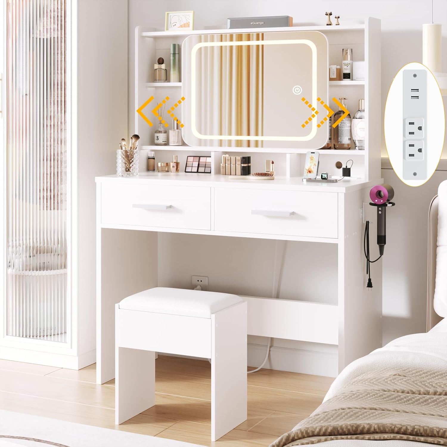 Furologee White Vanity Desk with LED Lights Mirror Power Outlet and Chair 3 Ligh...