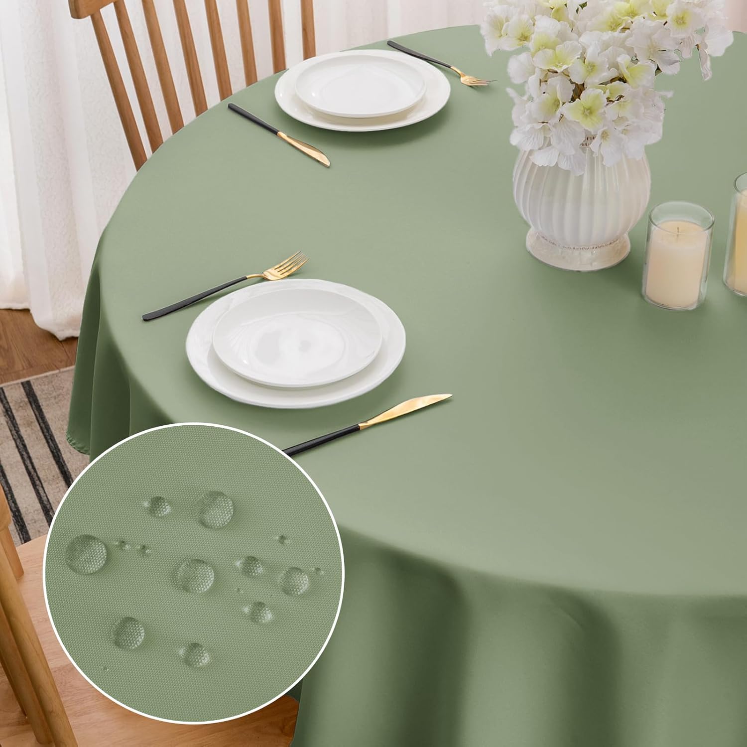 Softalker Sage Green Round Tablecloth 140 cm Wipe Clean Tablecloths Washable Tab...