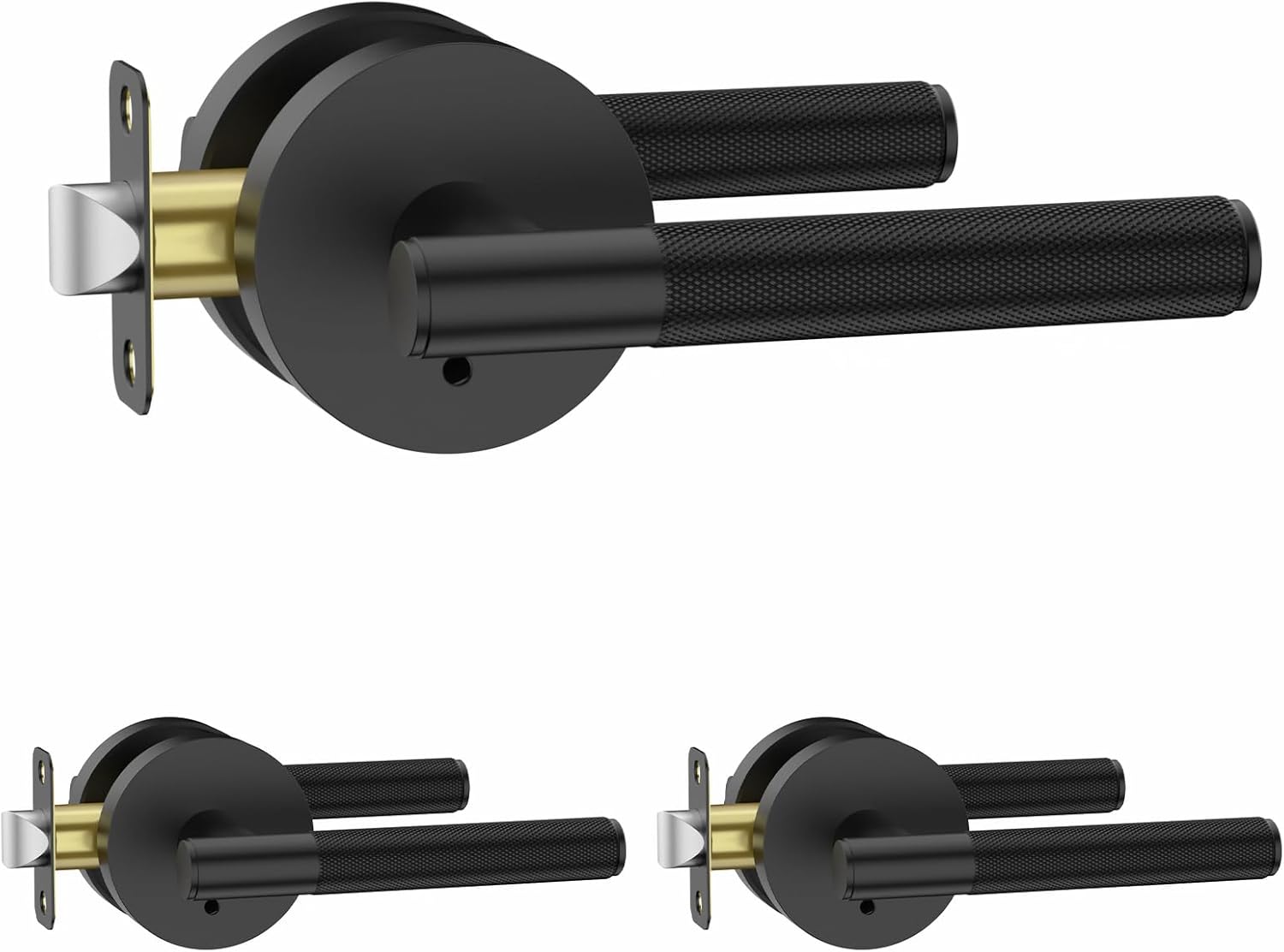 Amerdeco 3 Pack Matte Black Door Handles Interior, Knurled Privacy Door Handles...