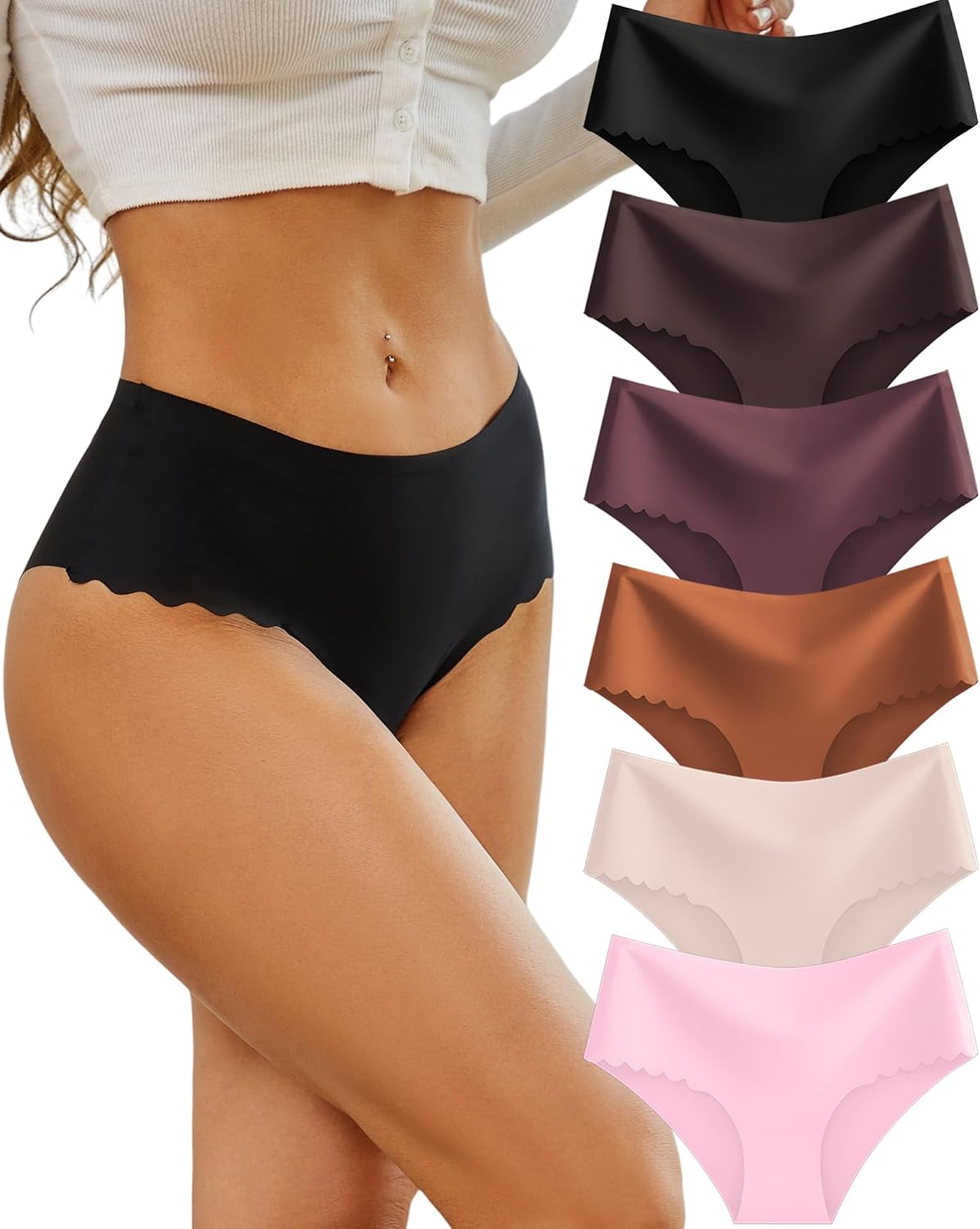 Sth Big High Waisted Seamless Underwear for Women No Show Panties Cheeky Scallop...