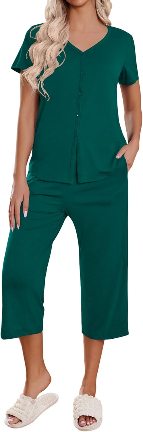Ekouaer Women's Pajama Sets Short Sleeve Sleepwear Button Up Pj Loungewear Top a...