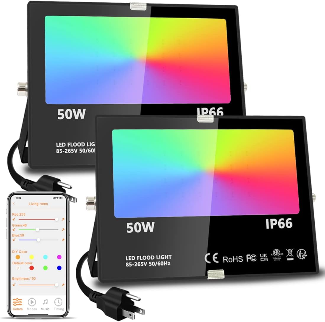 MELPO LED Flood Light Outdoor, 500W Equivalent 5000LM Smart RGB Landscape Lighti...