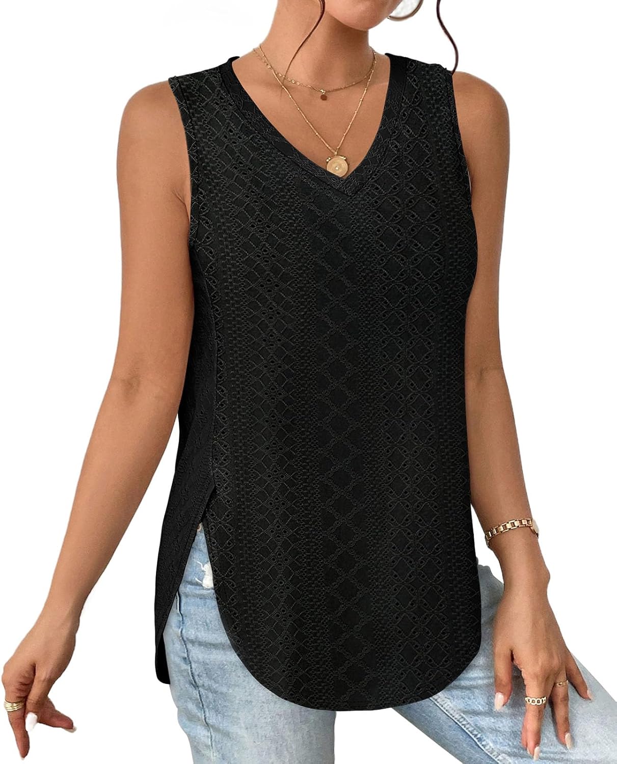 XIEERDUO Womens Tank Tops V Neck Eyelet Embroidery Casaul Sleeveless Shirts 02-b...