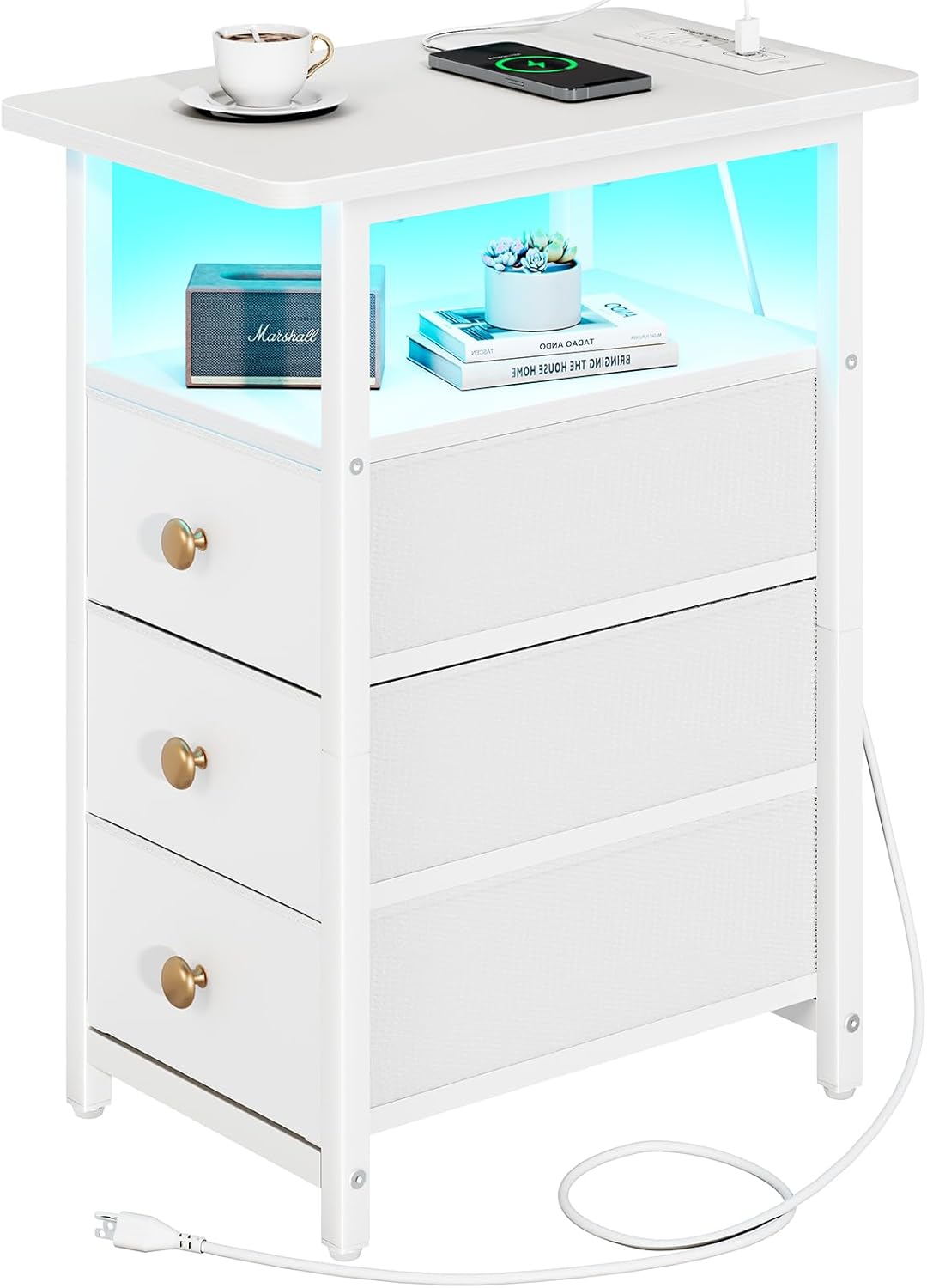 Yoobure End Table with Charging Station, LED Narrow Side Table Bedside Table, Sm...