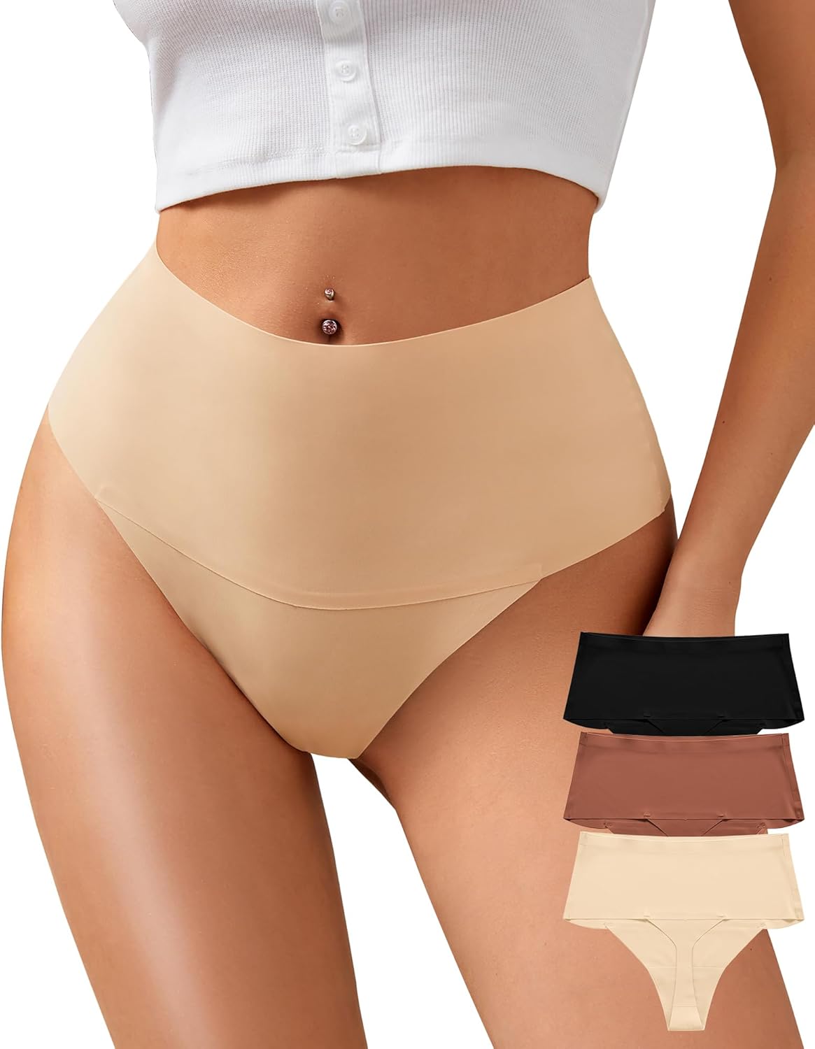 K-CHEONY Womens High Waisted Thongs No Show Panties Lightweight Soft Stretch Hig...