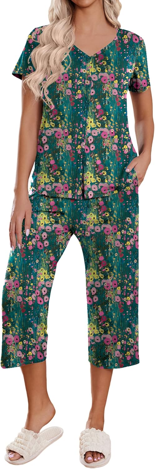 Ekouaer Women's Pajama Sets Short Sleeve Sleepwear Button Up Pj Loungewear Top a...