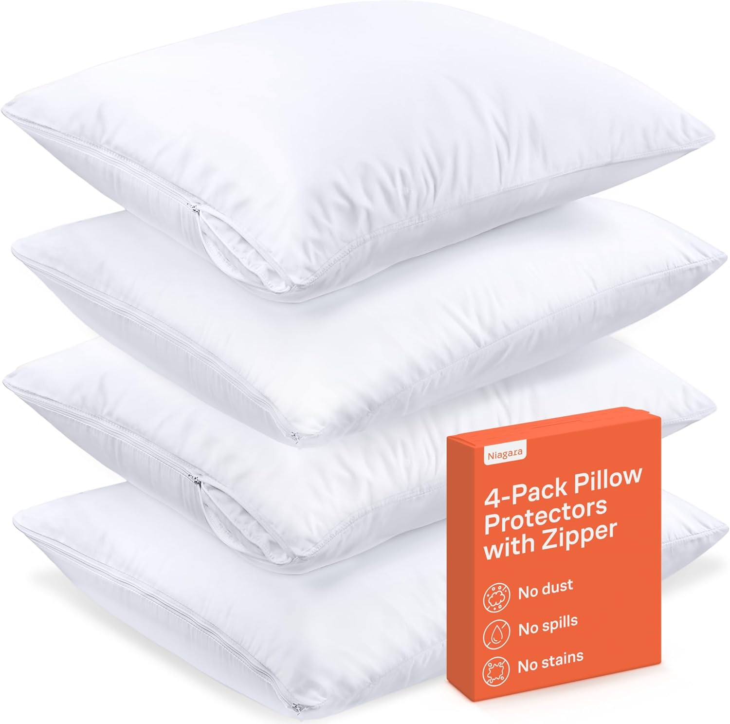 Ultra Soft Pillow Protectors with Zipper Standard Size - Set of 4 Breathable Pil...