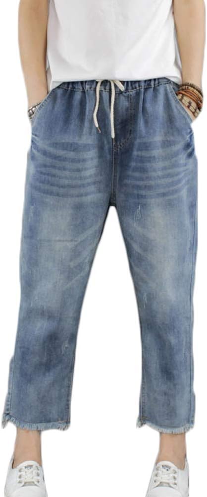 FTCayanz Women's Elastic Waist Cropped Jeans Baggy Drawstring Stretch Denim Pant...