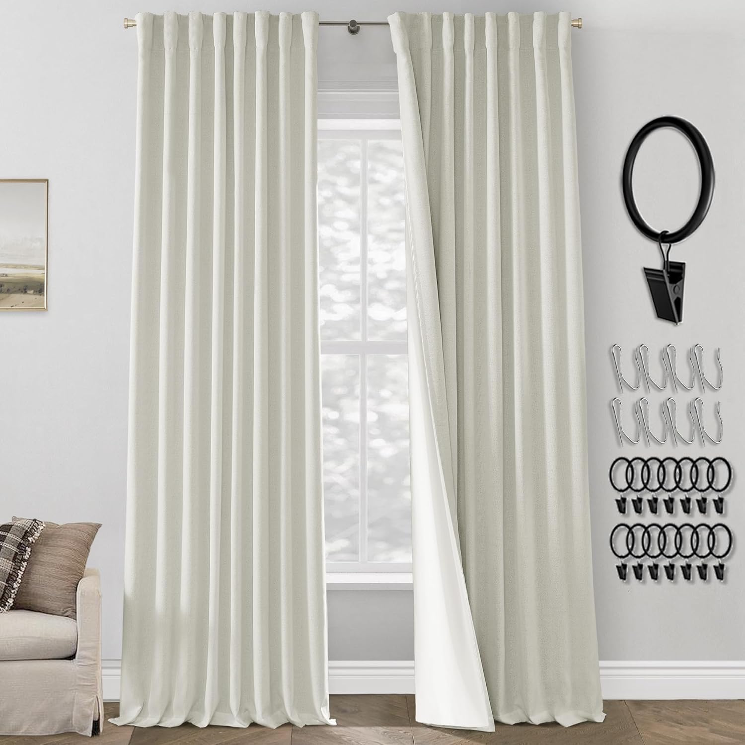 PANELSBURG Off White Linen Blackout Curtains 90 Inches Long Pleated Back Tab Roo...